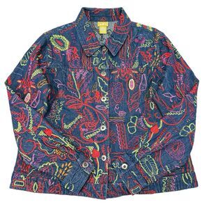 Vintage Acorn Denim Jacket Size Large Floral Embroidered Y2K Spring Button Front